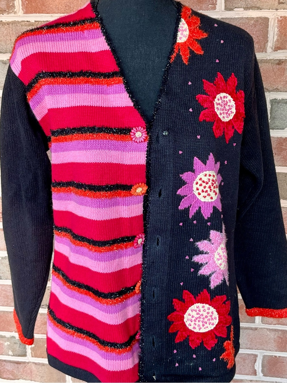 Vtg Storybook Knits Bright Daisy Cardigan Sweater S 90s Whimsigoth Floral Beaded - Picture 8 of 17